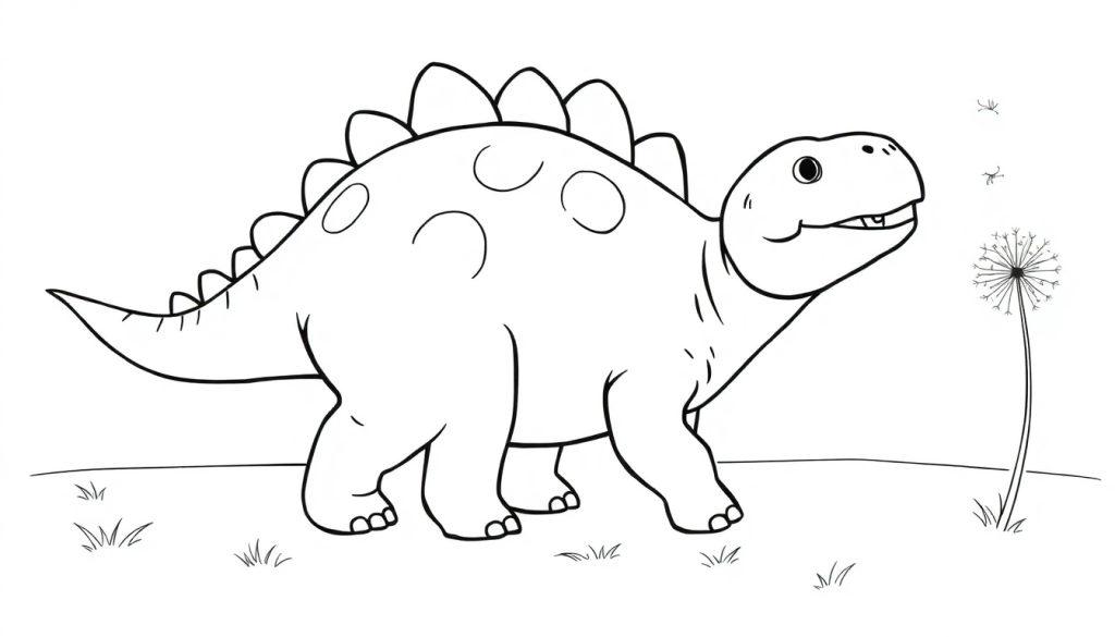 Schwarz-weiße Farbtafelzeichnung eines Stegosaurus, der im Profil nach rechts blickt, mit Rückenplatten, Seitenscheiben und einem spitzen Schwanz. Er steht auf einem felsigen Boden mit Gräsern und einer Pusteblume.