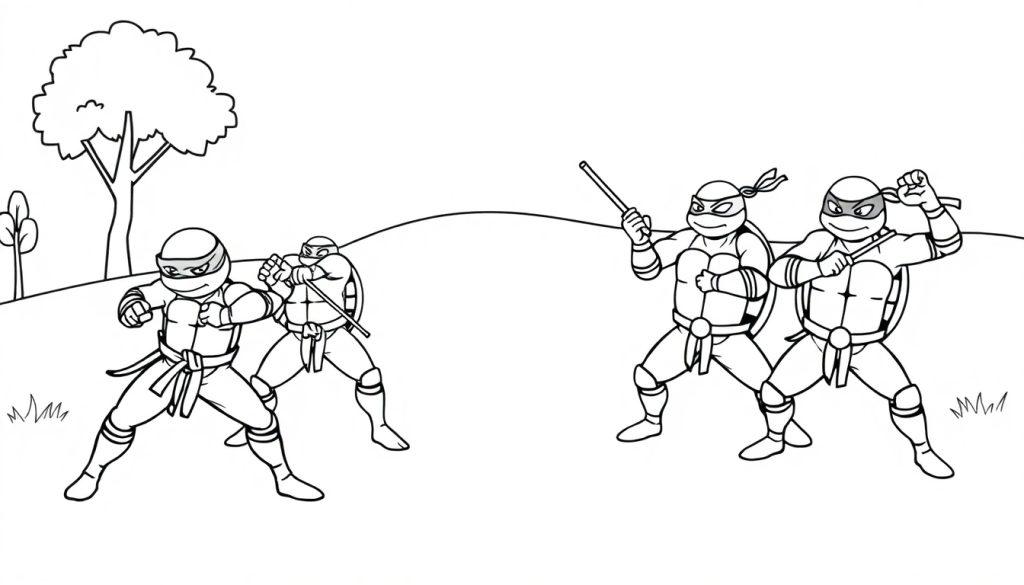Farbtafel: Vier Comic-Ninja Turtles in einer Parklandschaft mit Stöcken, bereit zum Karate.