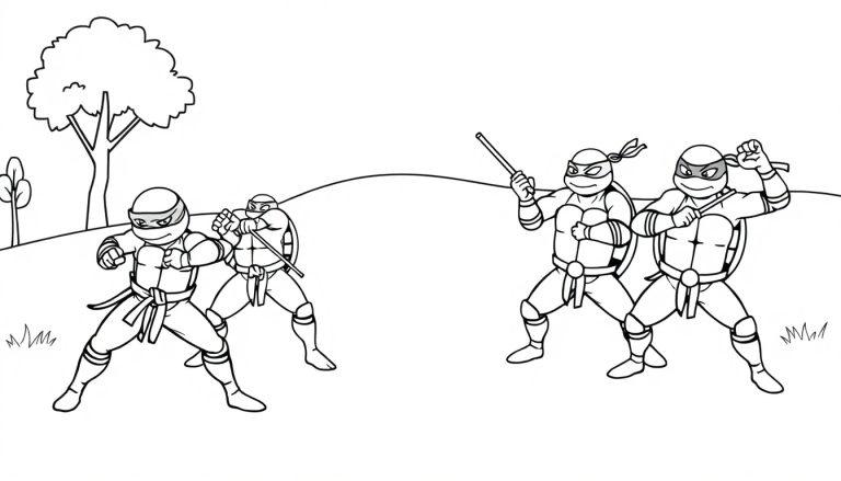 Farbtafel: Vier Comic-Ninja Turtles in einer Parklandschaft mit Stöcken, bereit zum Karate.