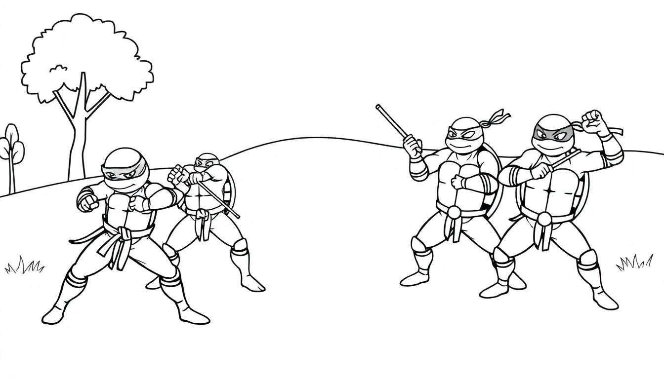 Farbtafel: Vier Comic-Ninja Turtles in einer Parklandschaft mit Stöcken, bereit zum Karate.