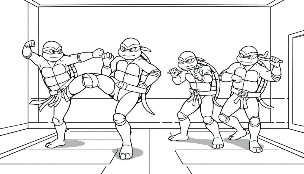 Farbtafel: Eine Schwarzweißzeichnung der Teenage Mutant Ninja Turtles, die im Dojo trainieren und verschiedene Kung-Fu- und Karate-Bewegungen ausführen.