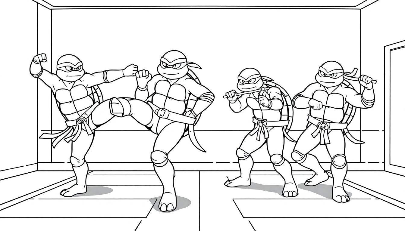 Farbtafel: Eine Schwarzweißzeichnung der Teenage Mutant Ninja Turtles, die im Dojo trainieren und verschiedene Kung-Fu- und Karate-Bewegungen ausführen.