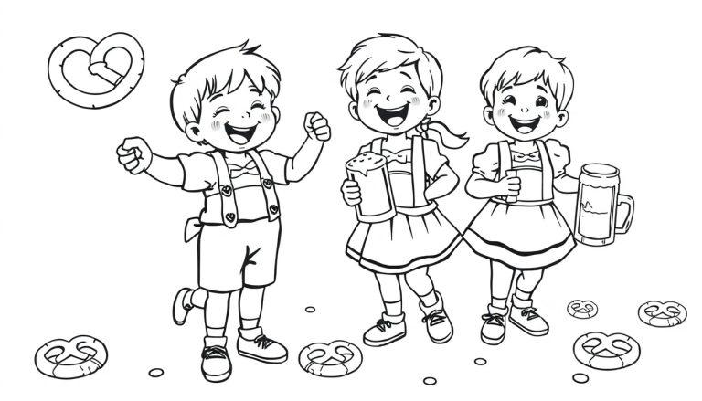 Farbtafel: Drei fröhliche Kinder in bayerischer Tracht, die das Oktoberfest feiern, mit Brezeln und Bierkrügen.