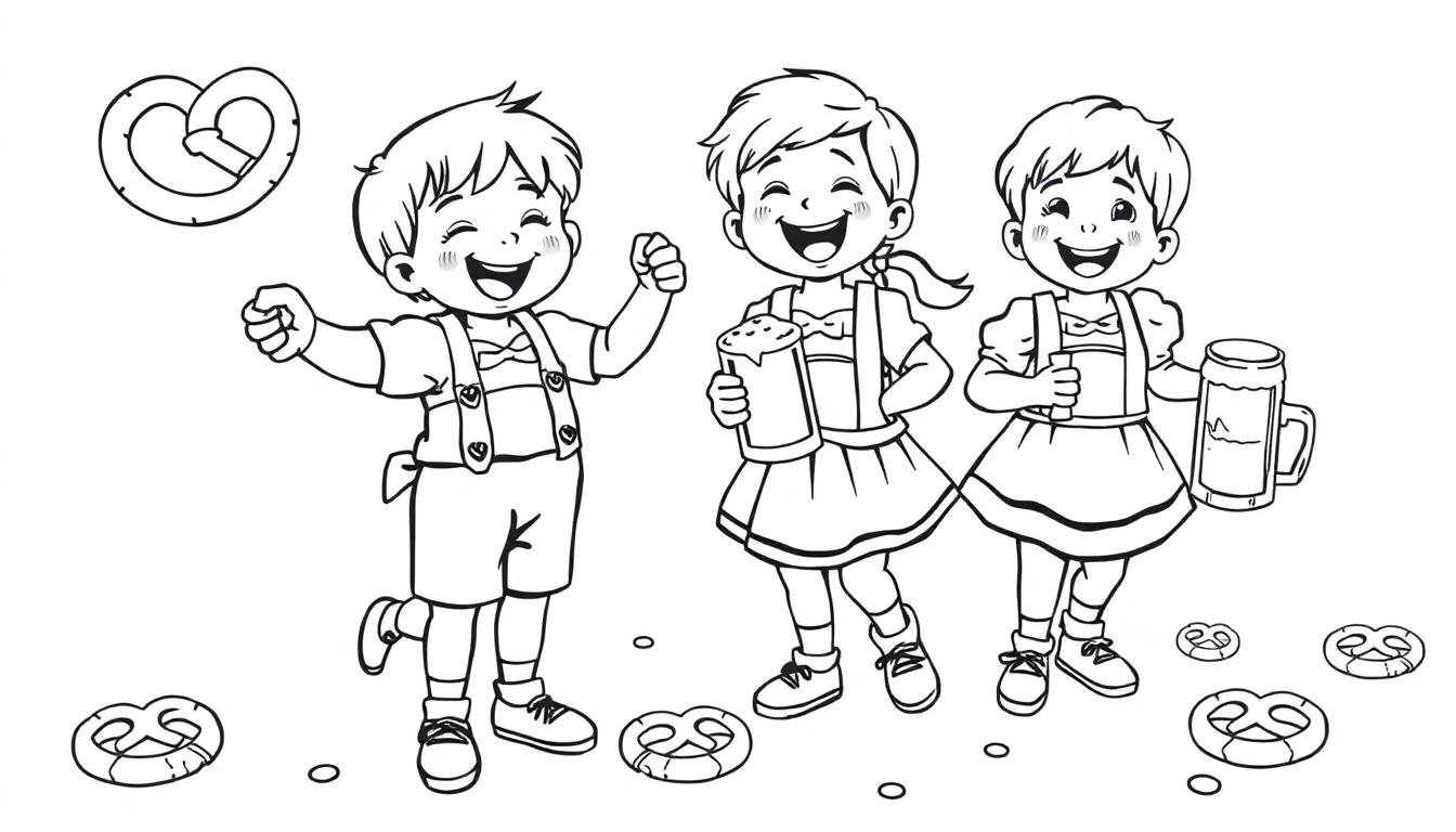 Farbtafel: Drei fröhliche Kinder in bayerischer Tracht, die das Oktoberfest feiern, mit Brezeln und Bierkrügen.