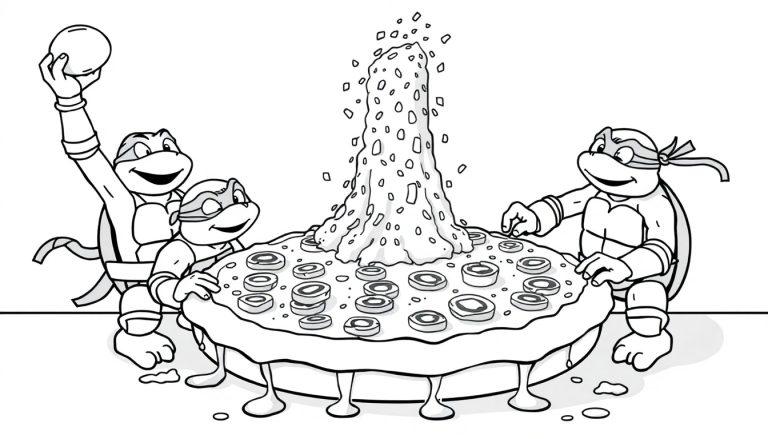 Farbtafel: Teenage Mutant Ninja Turtles um eine riesige Pizza mit Käsesäule versammelt.