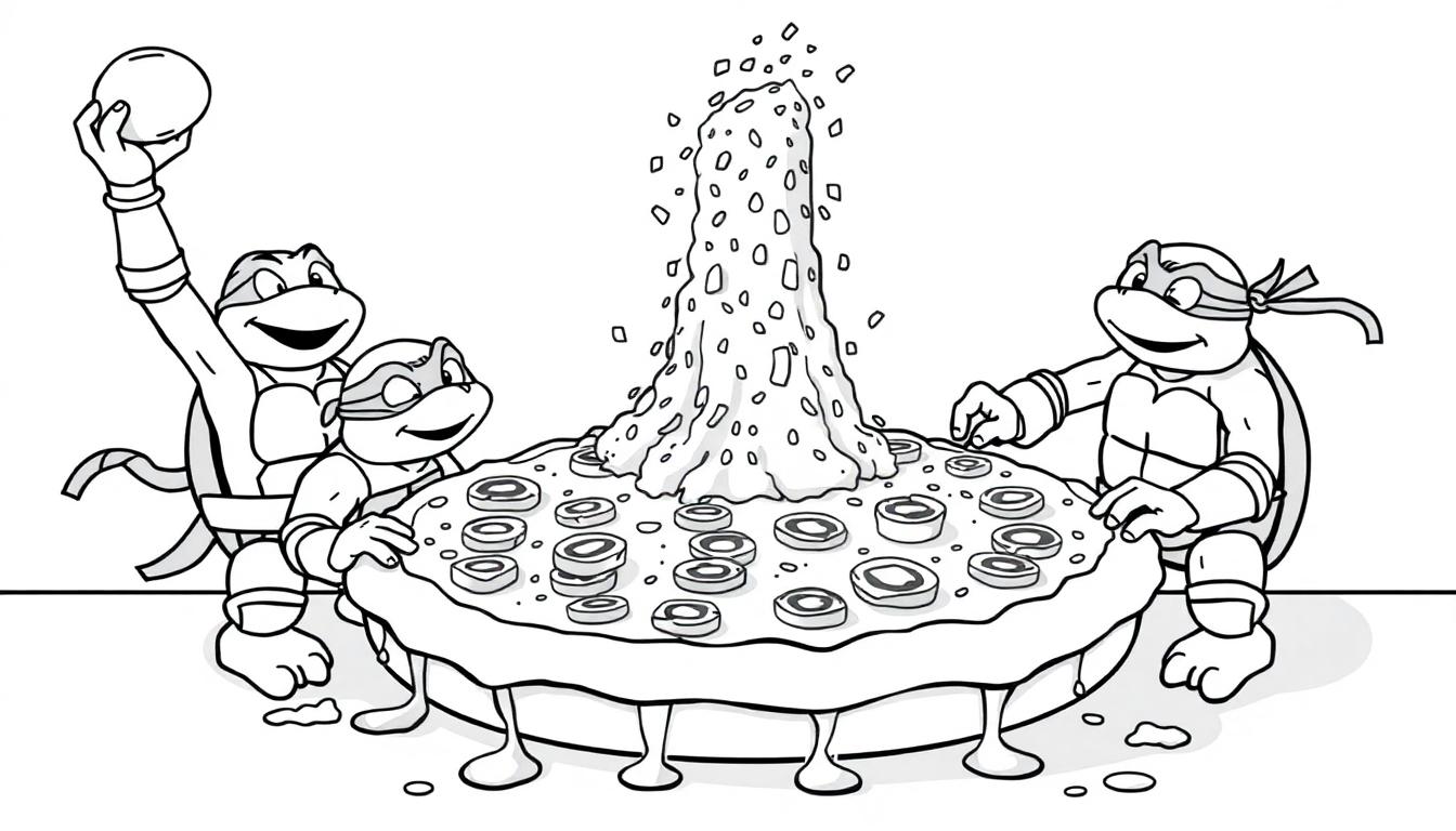 Farbtafel: Teenage Mutant Ninja Turtles um eine riesige Pizza mit Käsesäule versammelt.