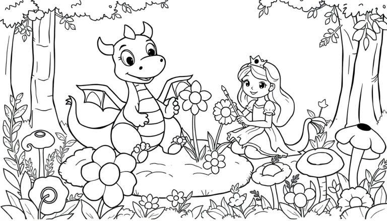 Eine Farbtafel-Zeichnung einer Prinzessin und eines freundlichen Drachen, die Blumen im Wald bemalen.