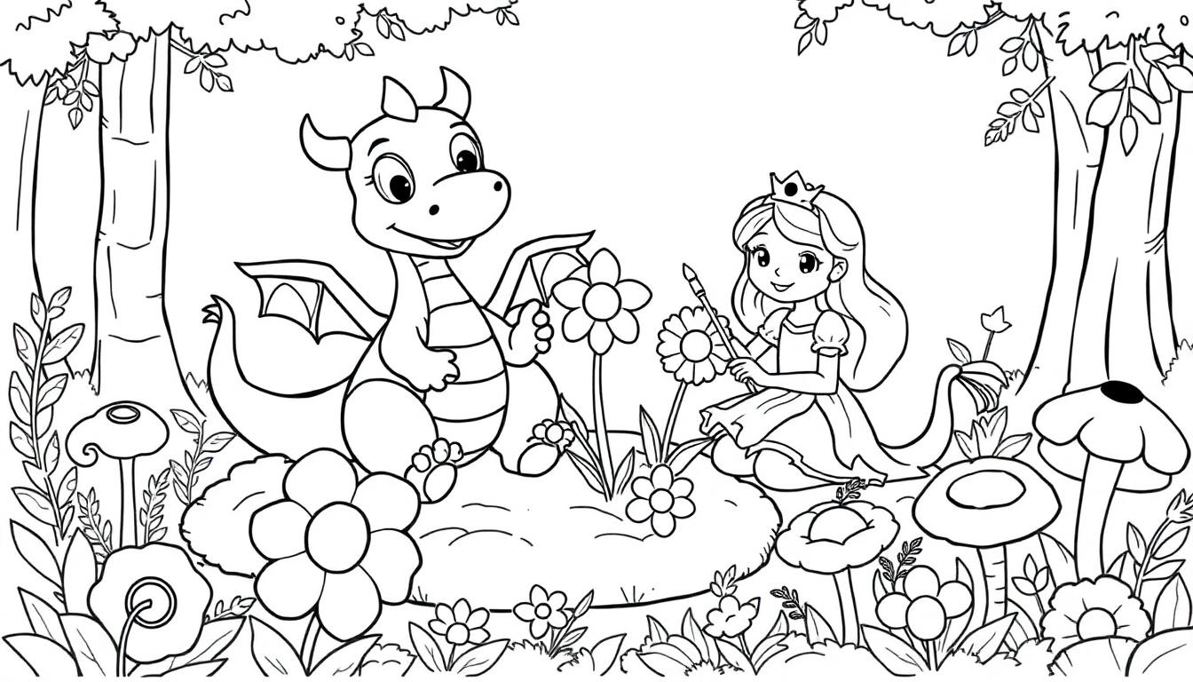 Eine Farbtafel-Zeichnung einer Prinzessin und eines freundlichen Drachen, die Blumen im Wald bemalen.