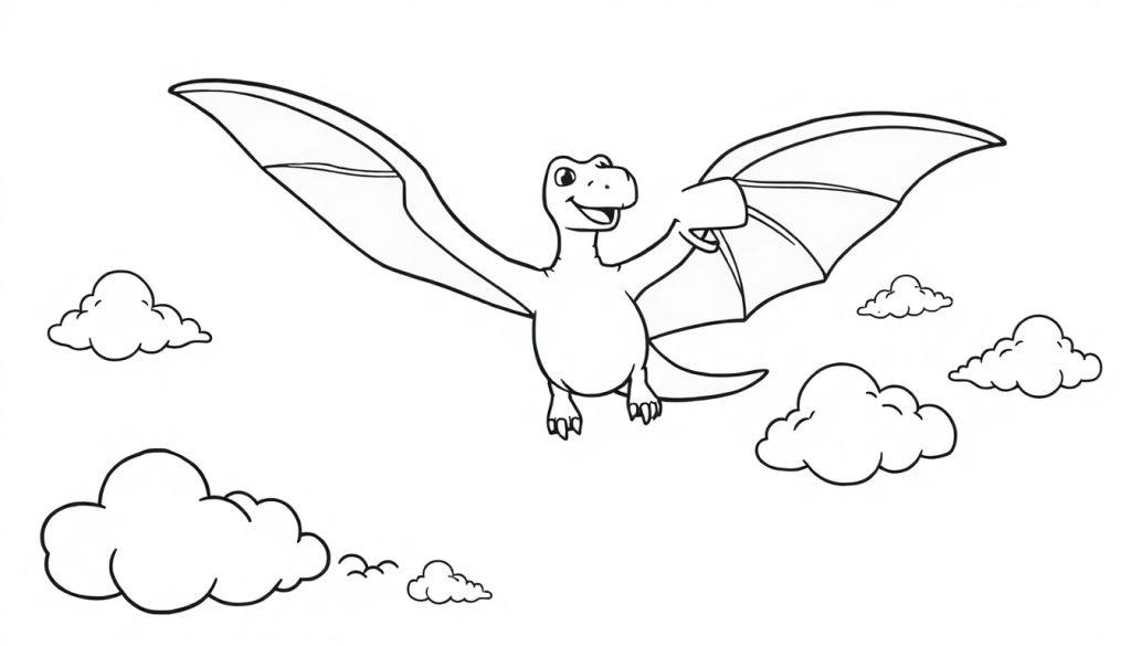 Farbtafel: Ein Cartoon-Pteranodon mit einem breiten Lächeln fliegt durch die Wolken, die Flügel weit ausgebreitet.