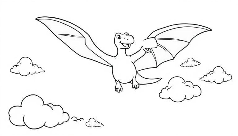 Farbtafel: Ein Cartoon-Pteranodon mit einem breiten Lächeln fliegt durch die Wolken, die Flügel weit ausgebreitet.
