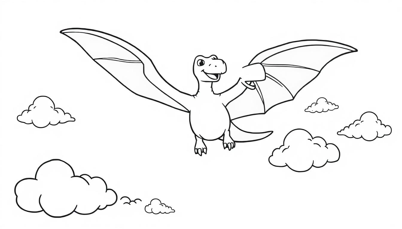 Farbtafel: Ein Cartoon-Pteranodon mit einem breiten Lächeln fliegt durch die Wolken, die Flügel weit ausgebreitet.