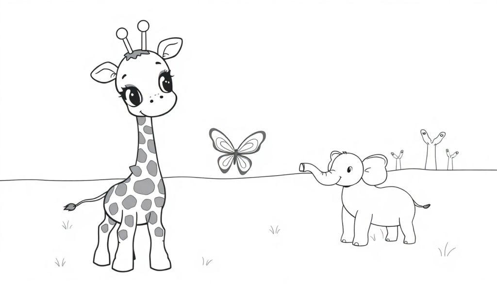 Schwarz-Weiß-Farbtafel einer freundlichen Giraffe mit einem Elefanten und einem Schmetterling im Hintergrund.