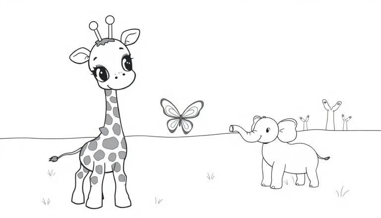 Schwarz-Weiß-Farbtafel einer freundlichen Giraffe mit einem Elefanten und einem Schmetterling im Hintergrund.