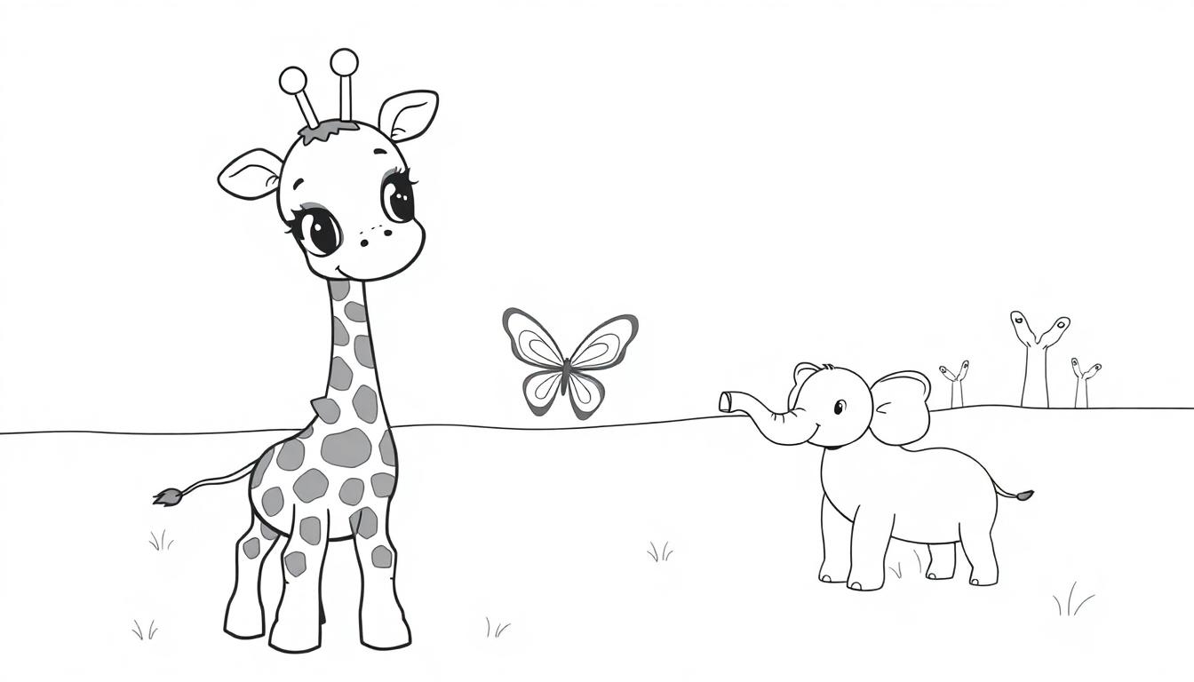 Schwarz-Weiß-Farbtafel einer freundlichen Giraffe mit einem Elefanten und einem Schmetterling im Hintergrund.
