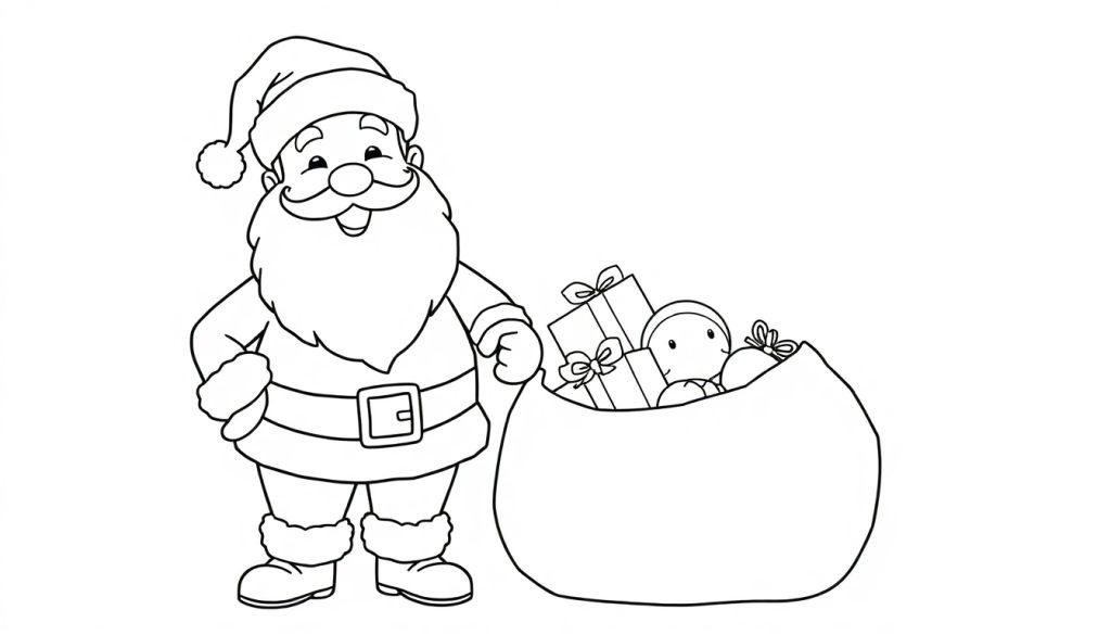 Schwarz-Weiß-Farbtafel von Santa Claus mit einem Sack voller Geschenke.