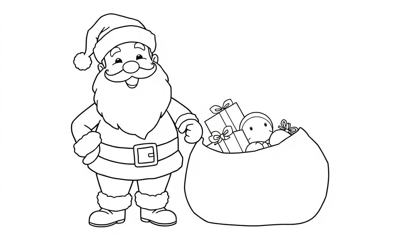 Schwarz-Weiß-Farbtafel von Santa Claus mit einem Sack voller Geschenke.