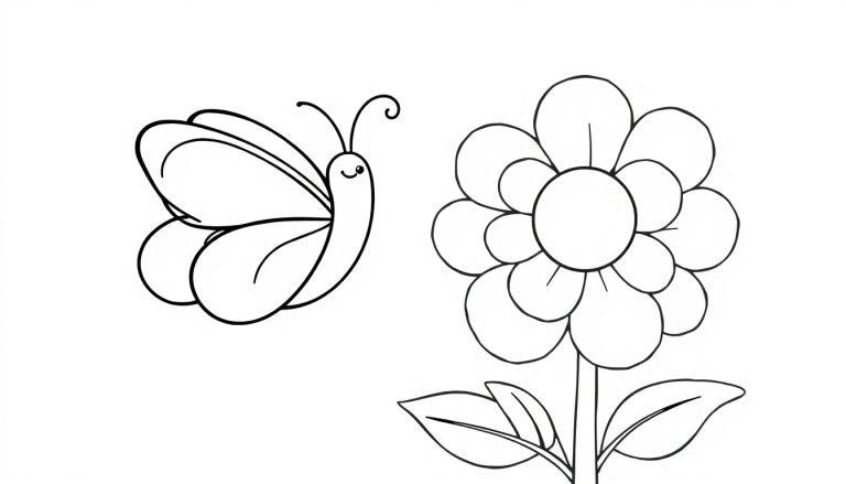 Farbtafel: Ein niedlicher Schmetterling fliegt auf einer Blume.