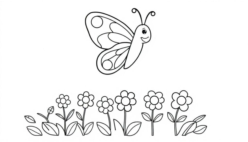 Schwarz-weiß Malvorlage: Ein freundlicher Schmetterling mit Kreismustern auf den Flügeln und sechs Gänseblümchen.