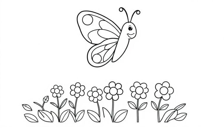 Schwarz-weiß Malvorlage: Ein freundlicher Schmetterling mit Kreismustern auf den Flügeln und sechs Gänseblümchen.