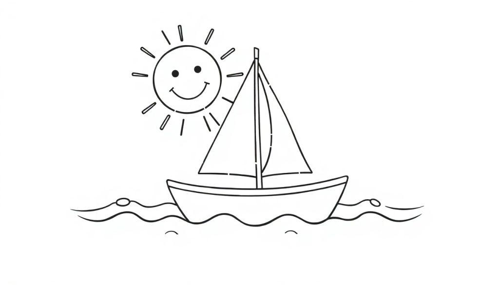 Schwarz-weiß Farbtafel eines Segelbootes auf dem Wasser mit einer lächelnden Sonne und freundlichen Wellen zum Ausmalen.