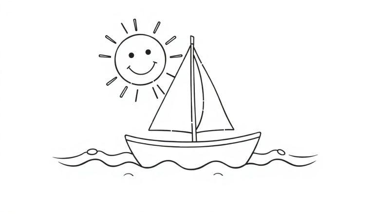 Schwarz-weiß Farbtafel eines Segelbootes auf dem Wasser mit einer lächelnden Sonne und freundlichen Wellen zum Ausmalen.