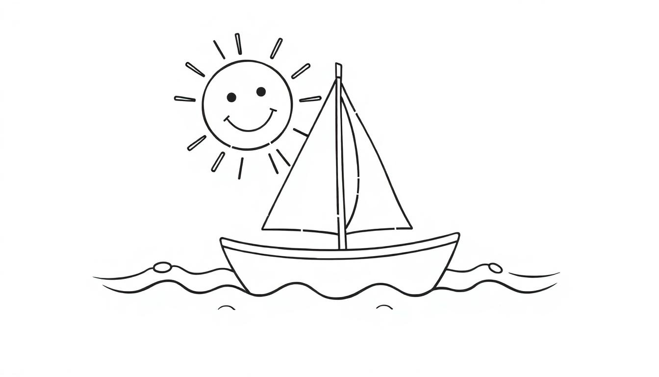 Schwarz-weiß Farbtafel eines Segelbootes auf dem Wasser mit einer lächelnden Sonne und freundlichen Wellen zum Ausmalen.