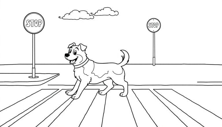Schwarz-weiß Farbtafel-Zeichnung eines fröhlichen Hundes, der sicher über einen Zebrastreifen läuft, mit Stoppschildern und Wolken am Himmel.