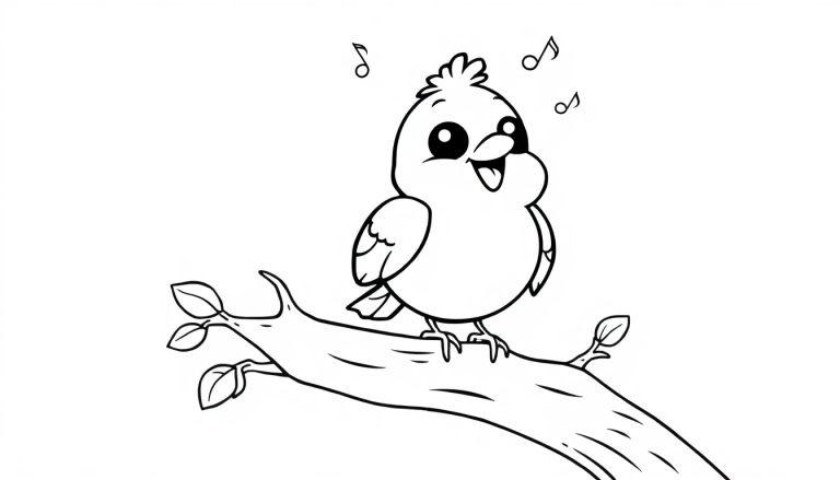 Schwarz-weiß Farbtafel-Illustration eines kleinen, fröhlich singenden Vogels auf einem Ast mit Musiknoten.