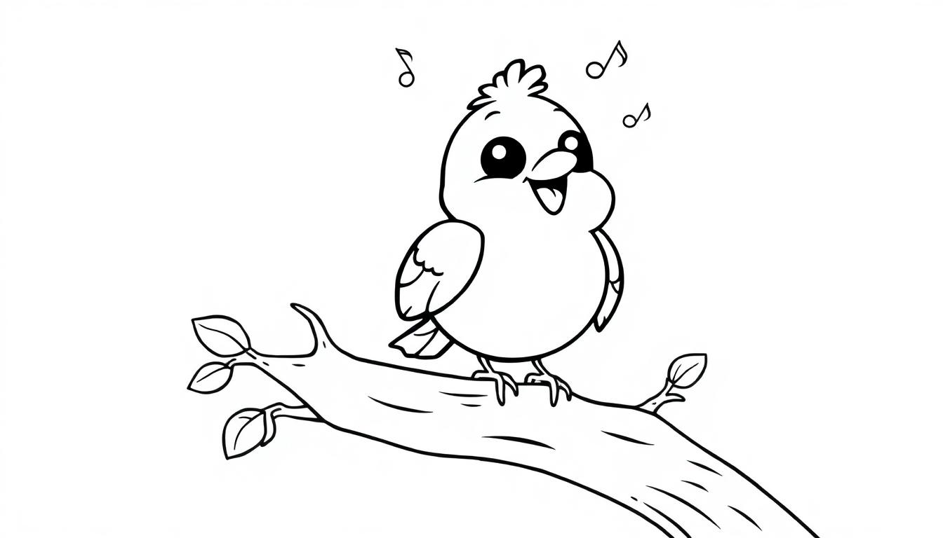 Schwarz-weiß Farbtafel-Illustration eines kleinen, fröhlich singenden Vogels auf einem Ast mit Musiknoten.
