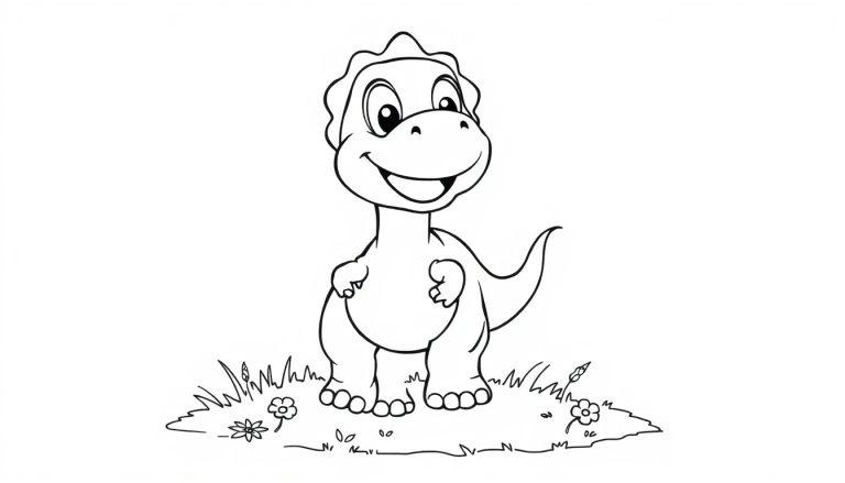 Schwarz-Weiß-Farbtafel eines lächelnden Tyrannosaurus Rex auf einem kleinen Hügel.