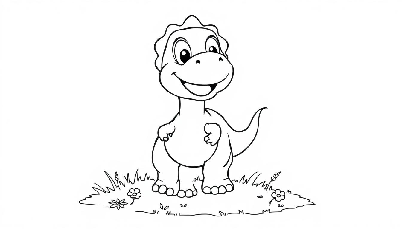 Schwarz-Weiß-Farbtafel eines lächelnden Tyrannosaurus Rex auf einem kleinen Hügel.