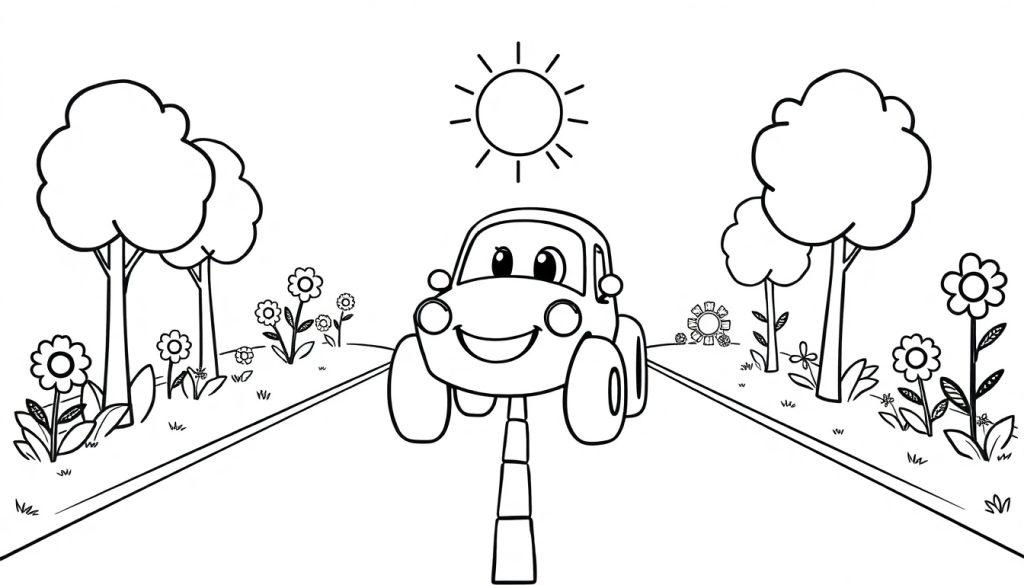 Schwarz-weiße Farbtafel: Ein lächelndes Cartoon-Auto fährt auf einer Straße mit Bäumen und Blumen, die Sonne scheint.