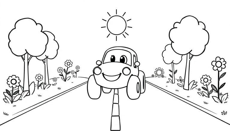 Schwarz-weiße Farbtafel: Ein lächelndes Cartoon-Auto fährt auf einer Straße mit Bäumen und Blumen, die Sonne scheint.