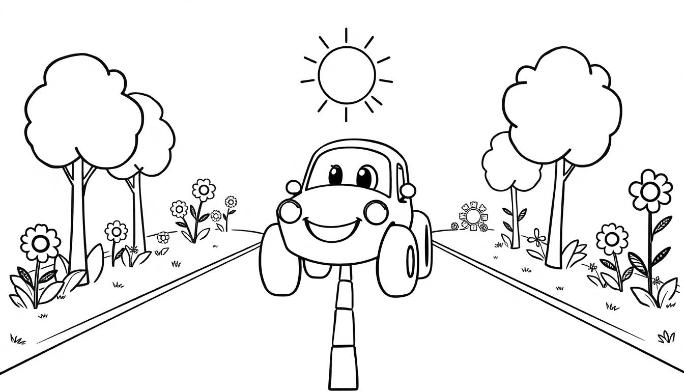 Schwarz-weiße Farbtafel: Ein lächelndes Cartoon-Auto fährt auf einer Straße mit Bäumen und Blumen, die Sonne scheint.