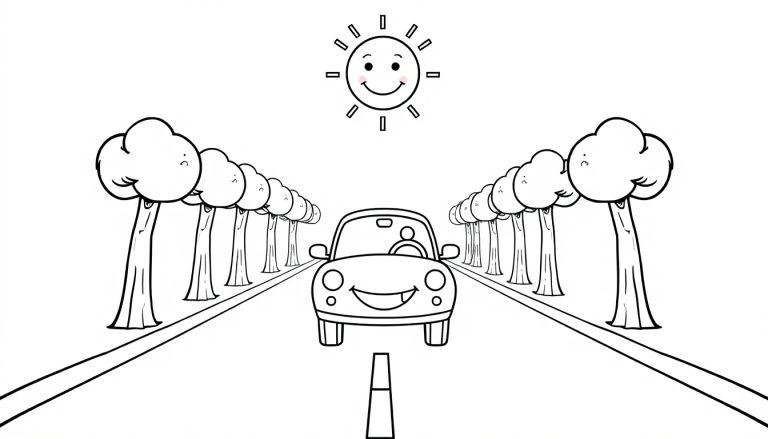 Eine Schwarz-Weiß-Farbtafel: Ein lächelndes Auto fährt auf einer Straße mit Bäumen und Sonne, die ebenfalls lächeln.