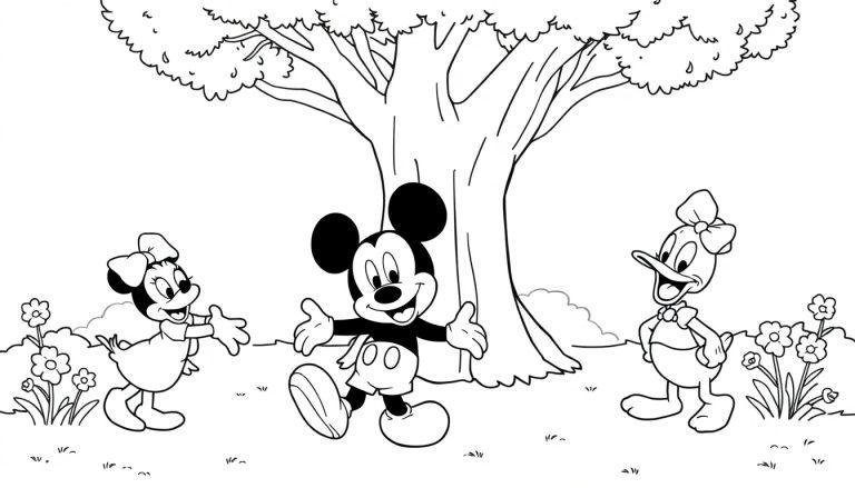 Farbtafel: Micky Maus, Minnie Maus und Daisy Duck spielen fröhlich unter einem großen Baum.