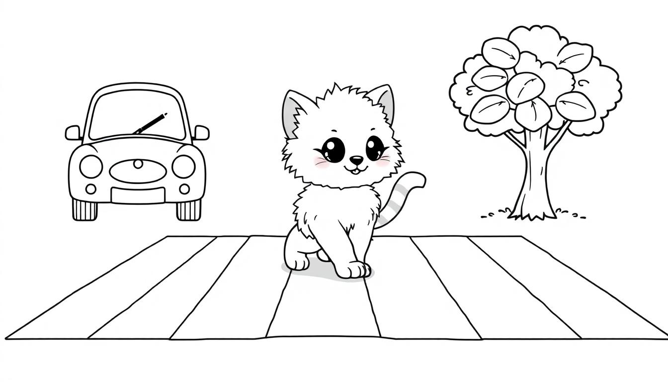 Schwarz-weiße Farbtafel eines cartoonartigen Kätzchens, das auf einem Zebrastreifen steht, mit einem Auto und einem Baum im Hintergrund.