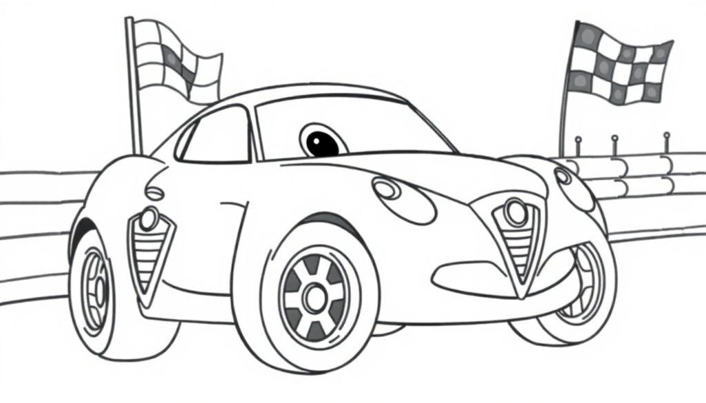 Farbtafel: Strichzeichnung eines Cartoon-Rennwagens mit einem großen Auge auf einer Rennstrecke mit Zielflaggen im Hintergrund.