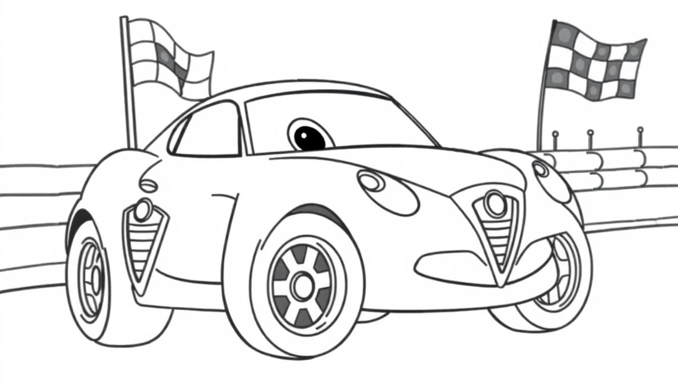 Farbtafel: Strichzeichnung eines Cartoon-Rennwagens mit einem großen Auge auf einer Rennstrecke mit Zielflaggen im Hintergrund.