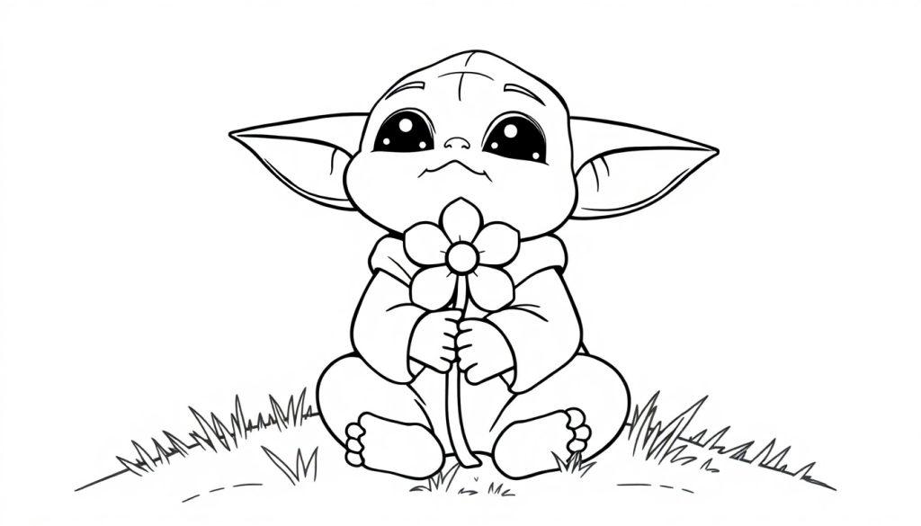 Schwarz-Weiß-Farbtafel von Baby Yoda, der eine Blume hält.