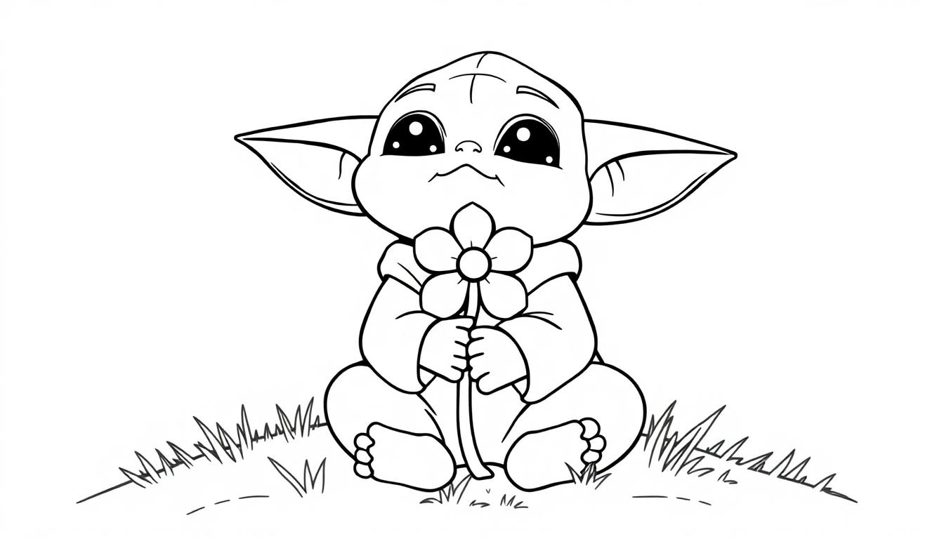 Schwarz-Weiß-Farbtafel von Baby Yoda, der eine Blume hält.