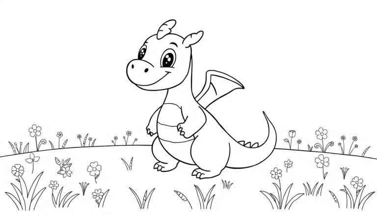 Süßer Cartoon-Drache auf einer Blumenwiese als Farbtafel