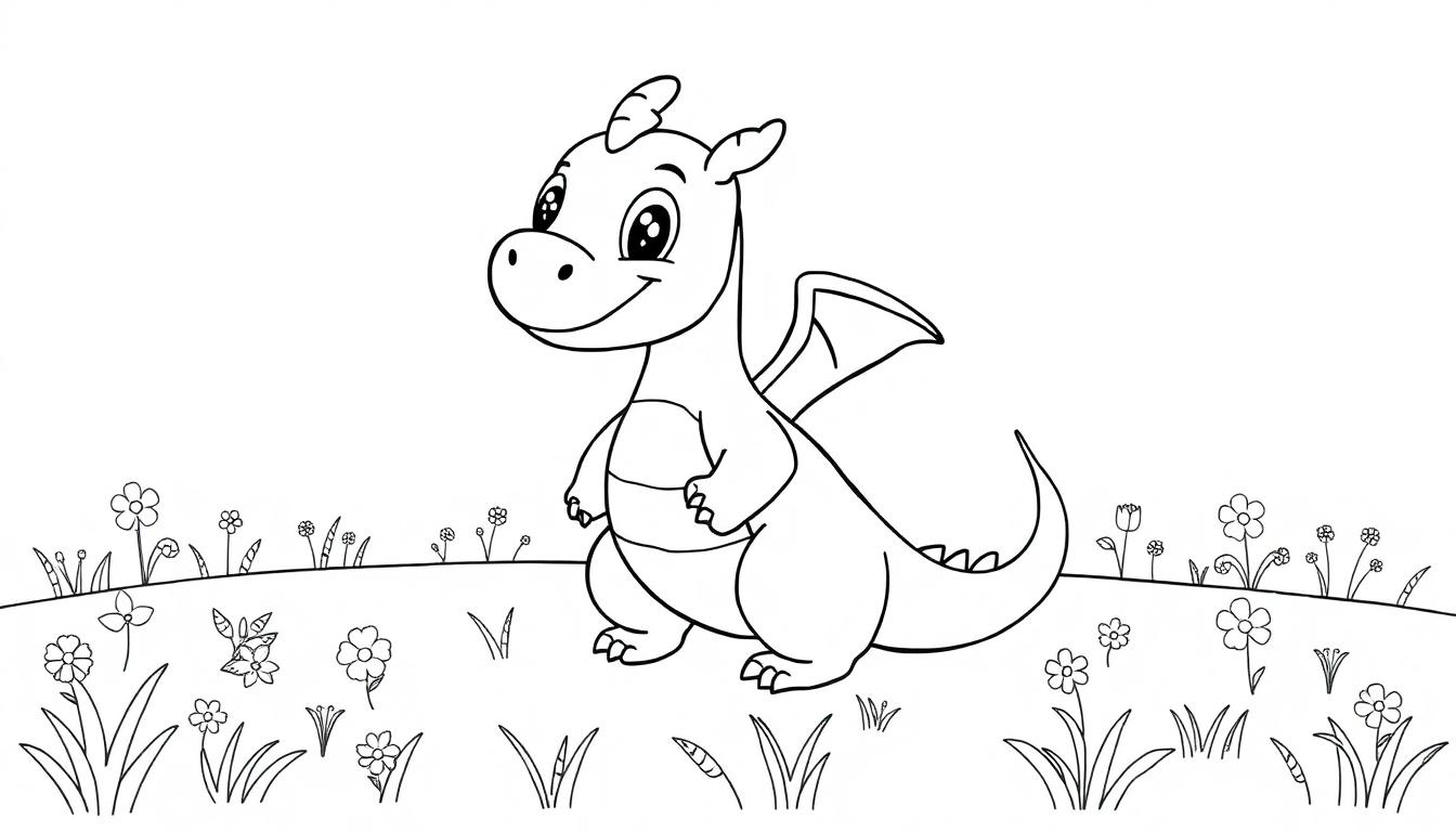 Süßer Cartoon-Drache auf einer Blumenwiese als Farbtafel