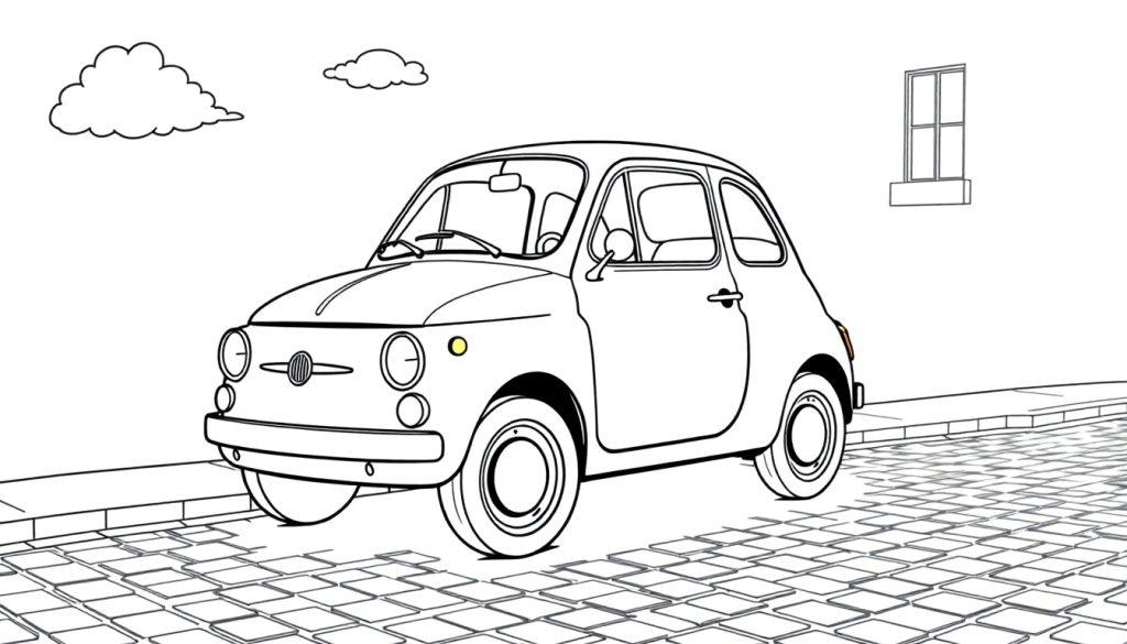 Schwarz-weiße Farbtafel eines niedlichen, zeichentrickhaften Autos, das einem Fiat 500 ähnelt, das auf einer gepflasterten Straße geparkt ist.