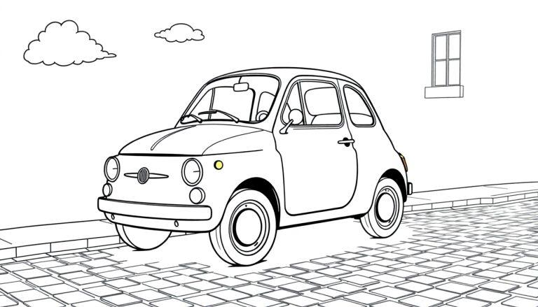 Schwarz-weiße Farbtafel eines niedlichen, zeichentrickhaften Autos, das einem Fiat 500 ähnelt, das auf einer gepflasterten Straße geparkt ist.