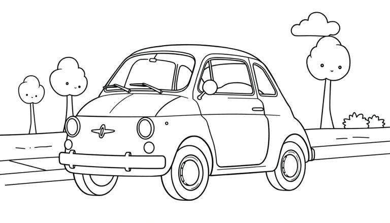 Eine süße Farbtafel eines kleinen Autos, wahrscheinlich ein Fiat 500, im Comic-Stil auf einer Straße mit Bäumen.