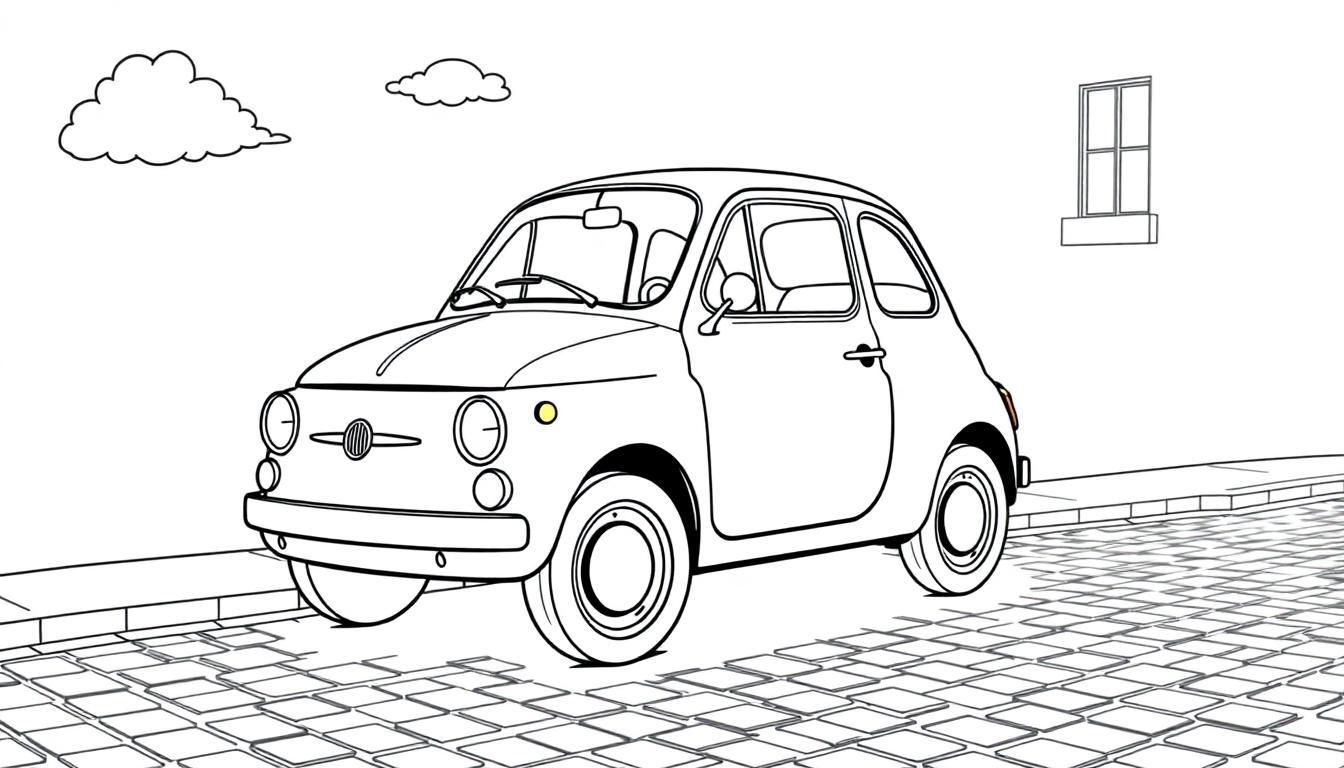 Schwarz-weiße Farbtafel eines niedlichen, zeichentrickhaften Autos, das einem Fiat 500 ähnelt, das auf einer gepflasterten Straße geparkt ist.