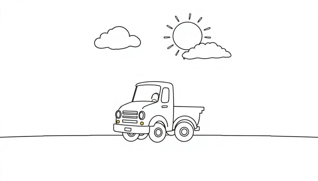 Schwarz-weiße Farbtafel-Zeichnung eines Oldtimer-Pickups unter einer Sonne und zwei Wolken im Himmel.