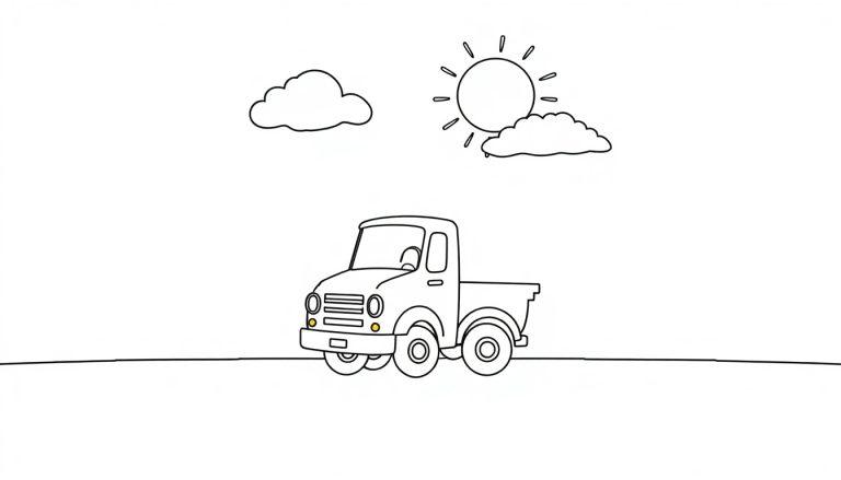 Schwarz-weiße Farbtafel-Zeichnung eines Oldtimer-Pickups unter einer Sonne und zwei Wolken im Himmel.
