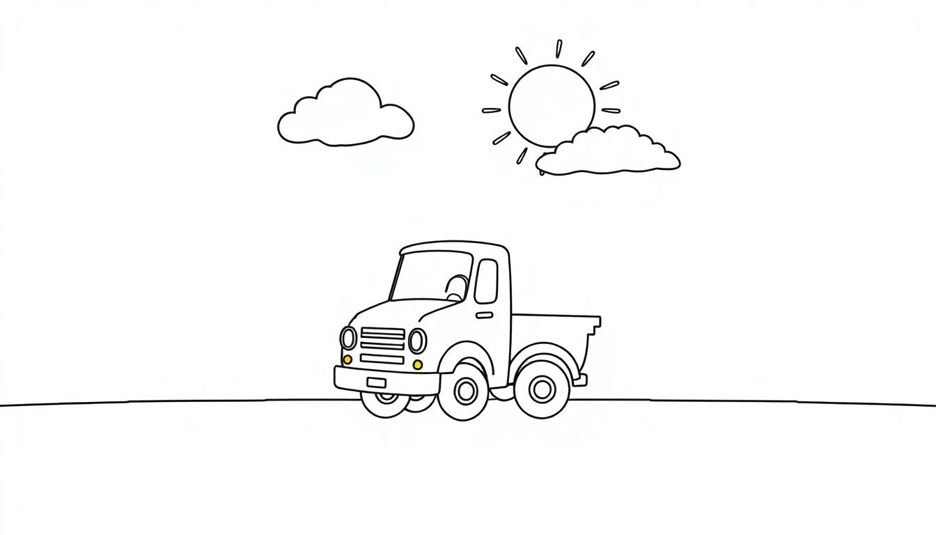Schwarz-weiße Farbtafel-Zeichnung eines Oldtimer-Pickups unter einer Sonne und zwei Wolken im Himmel.